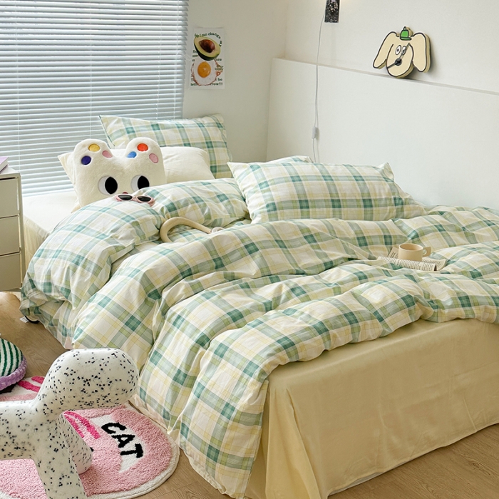 91家纺网 家纺一手货源 找家纺 昔可 2023新款全棉ins格子混搭系列四件套黄绿格