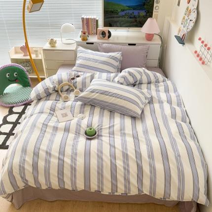 91家纺网 家纺一手货源 找家纺 昔可 2023新款全棉ins格子混搭系列四件套夏日蓝条