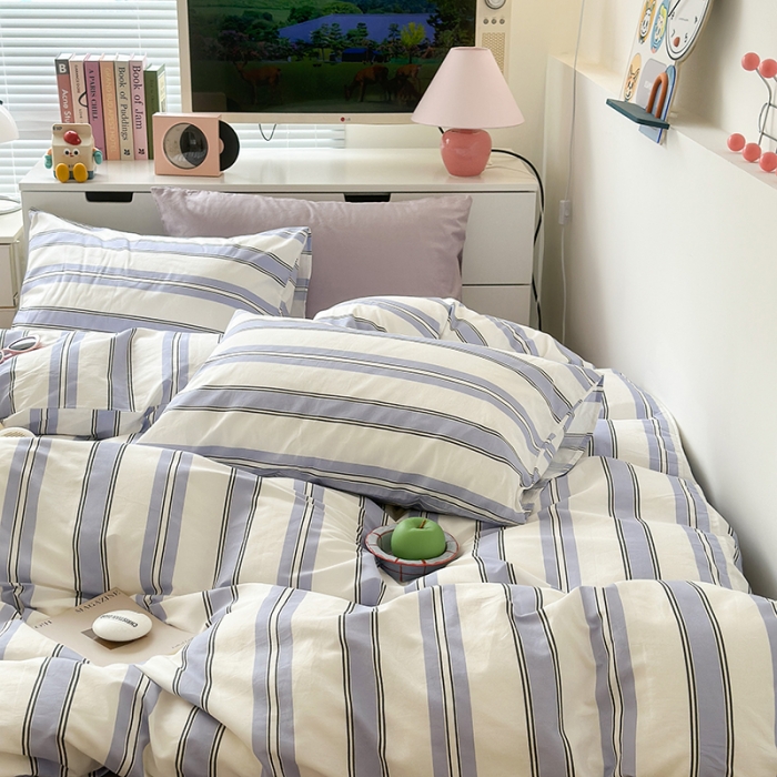 91家纺网 家纺一手货源 找家纺 昔可 2023新款全棉ins格子混搭系列四件套夏日蓝条