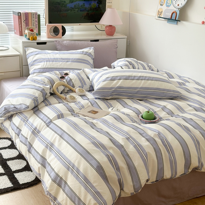 91家纺网 家纺一手货源 找家纺 昔可 2023新款全棉ins格子混搭系列四件套夏日蓝条