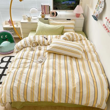 91家纺网 家纺一手货源 找家纺 昔可 2023新款全棉ins格子混搭系列四件套芝士黄条