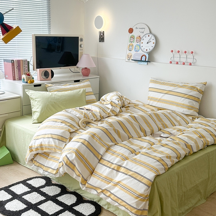 91家纺网 家纺一手货源 找家纺 昔可 2023新款全棉ins格子混搭系列四件套芝士黄条