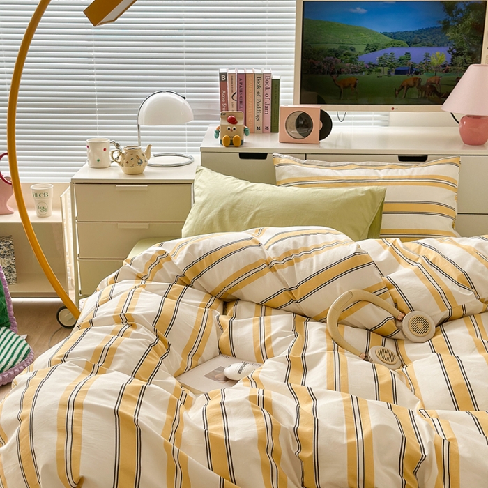 91家纺网 家纺一手货源 找家纺 昔可 2023新款全棉ins格子混搭系列四件套芝士黄条