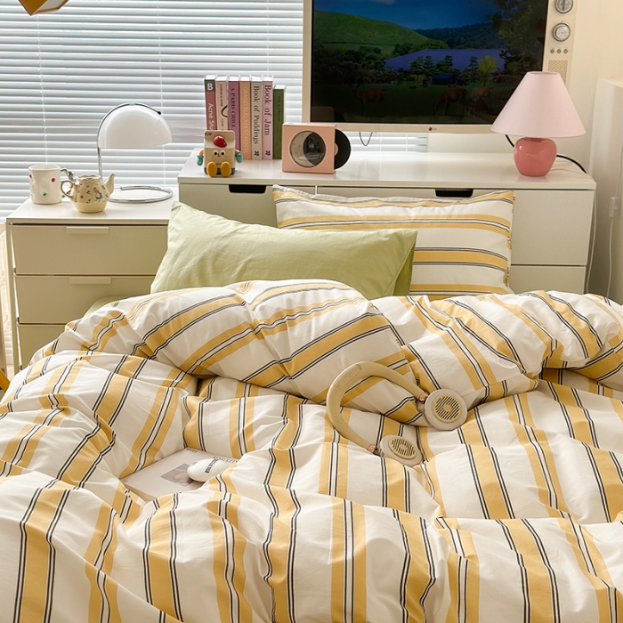 91家纺网 家纺一手货源 找家纺 昔可 2023新款全棉ins格子混搭系列四件套芝士黄条