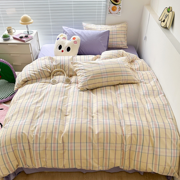 91家纺网 家纺一手货源 找家纺 昔可 2023新款全棉ins格子混搭系列四件套紫芋泥芝士格