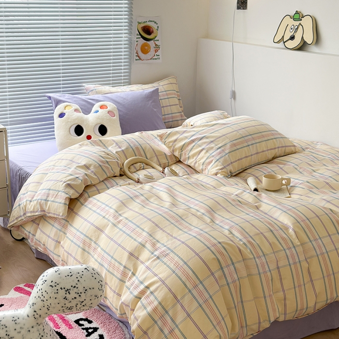 91家纺网 家纺一手货源 找家纺 昔可 2023新款全棉ins格子混搭系列四件套紫芋泥芝士格