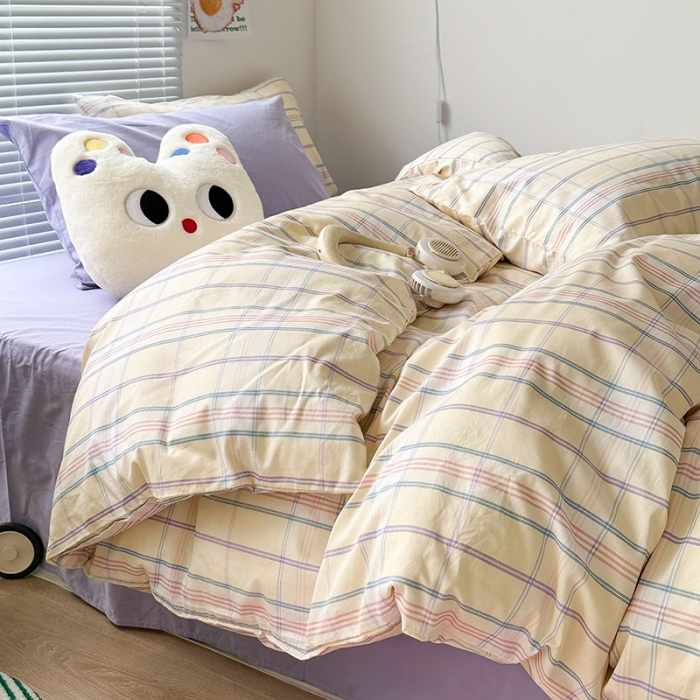 91家纺网 家纺一手货源 找家纺 昔可 2023新款全棉ins格子混搭系列四件套紫芋泥芝士格