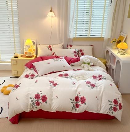 芊寻 2024新款全棉13372田园风印花系列四件套 红玫瑰