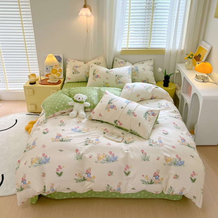 91家纺网 家纺一手货源 找家纺 芊寻 2024新款全棉13372田园风印花系列四件套 蘑菇兔