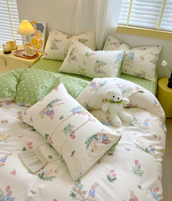 91家纺网 家纺一手货源 找家纺 芊寻 2024新款全棉13372田园风印花系列四件套 蘑菇兔