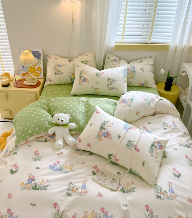 91家纺网 家纺一手货源 找家纺 芊寻 2024新款全棉13372田园风印花系列四件套 蘑菇兔