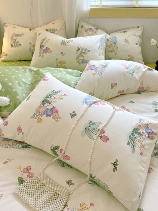 91家纺网 家纺一手货源 找家纺 芊寻 2024新款全棉13372田园风印花系列四件套 蘑菇兔