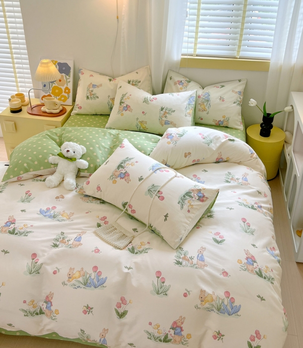 91家纺网 家纺一手货源 找家纺 芊寻 2024新款全棉13372田园风印花系列四件套 蘑菇兔
