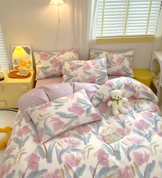 91家纺网 家纺一手货源 找家纺 芊寻 2024新款全棉13372田园风印花系列四件套 轻絮私语