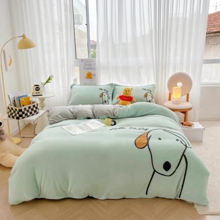 91家纺网 家纺一手货源 找家纺 推推 2025新款毛巾绣贴布绣牛奶绒四件套 呆萌狗-冰湖蓝+银灰