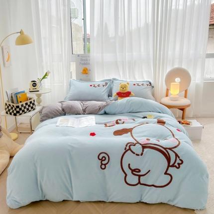 91家纺网 家纺一手货源 找家纺 推推 2025新款毛巾绣贴布绣牛奶绒四件套 卡通狗-雾蓝+炭灰