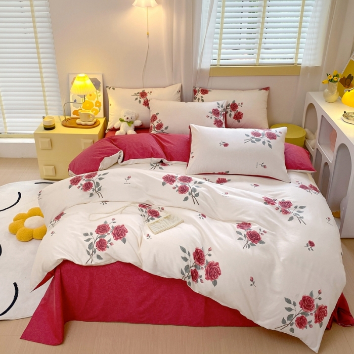 91家纺网 家纺一手货源 找家纺 芊寻 2024新款全棉13372田园风印花系列单被套 红玫瑰