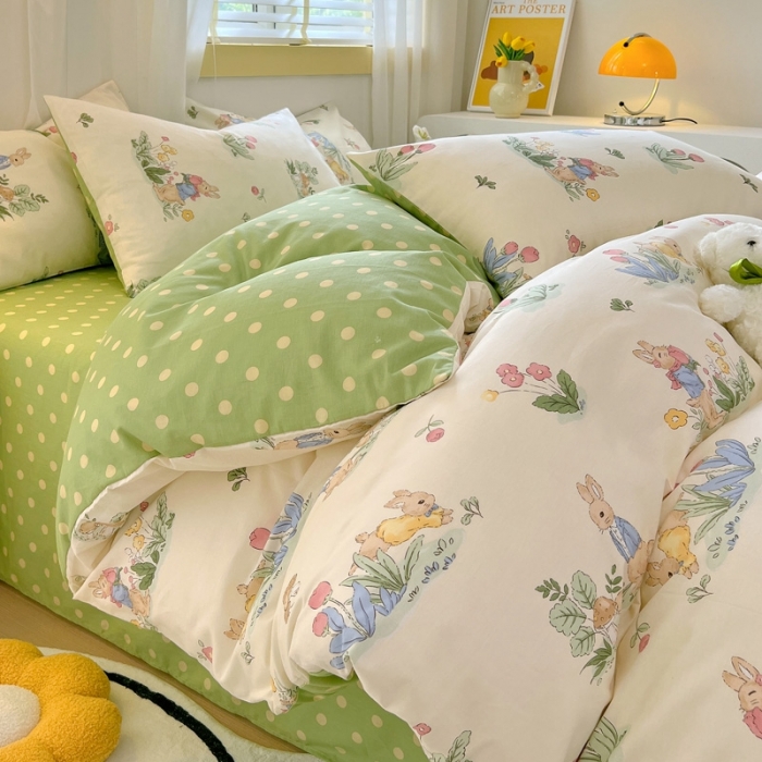91家纺网 家纺一手货源 找家纺 芊寻 2024新款全棉13372田园风印花系列单被套 蘑菇兔