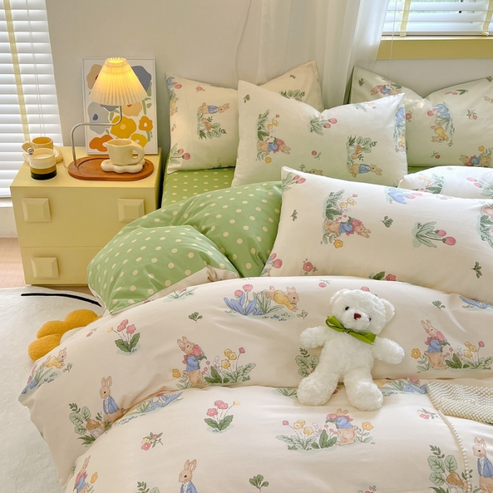 91家纺网 家纺一手货源 找家纺 芊寻 2024新款全棉13372田园风印花系列单被套 蘑菇兔
