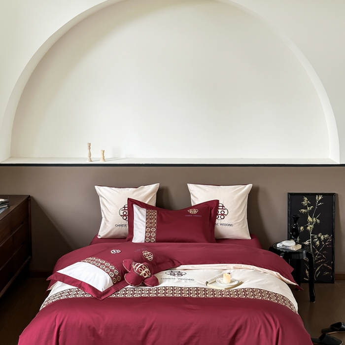 91家纺网 家纺一手货源 找家纺 （总）西西家居2023新款新中式大红婚庆100支澳棉四件套-喜结连理