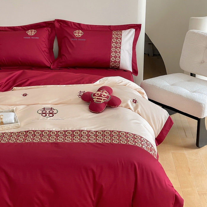 91家纺网 家纺一手货源 找家纺 （总）西西家居2023新款新中式大红婚庆100支澳棉四件套-喜结连理