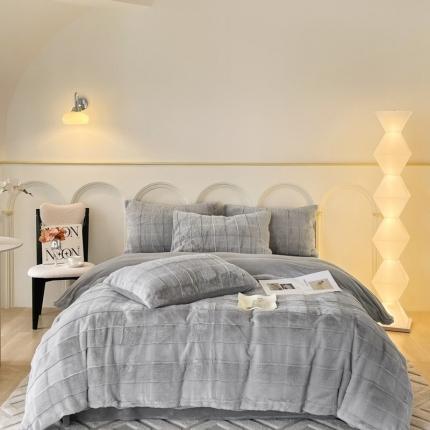 金麦 2023新款舒适高克重兔毛绒四件套 格子灰色