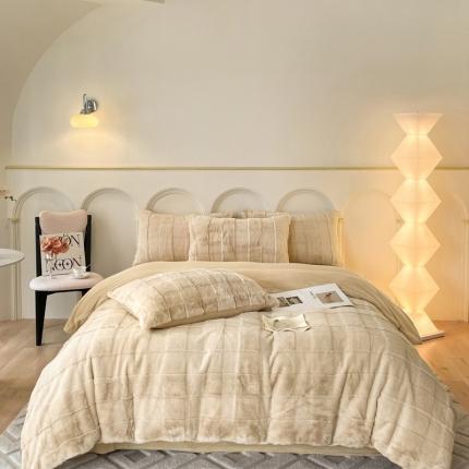 金麦 2023新款舒适高克重兔毛绒四件套 格子咖色