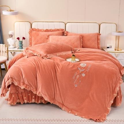 卡迪亚 2023新款婴儿绒床盖款刺绣四件套床裙系列 珊瑚桔