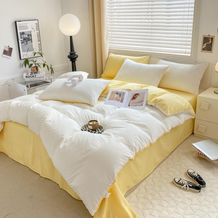 91家纺网 家纺一手货源 找家纺 芷凡 2023新款A类超柔云朵棉四件套 奶普+柠檬黄