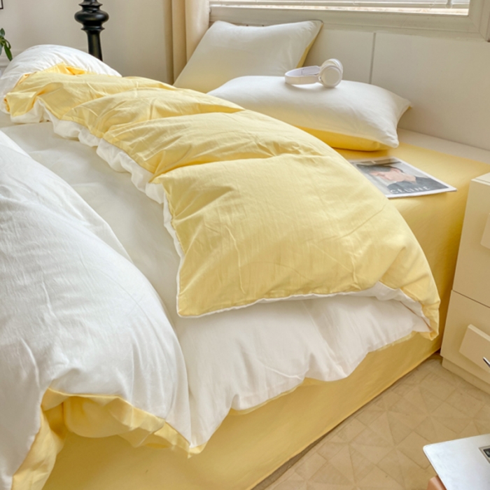 91家纺网 家纺一手货源 找家纺 芷凡 2023新款A类超柔云朵棉四件套 奶普+柠檬黄