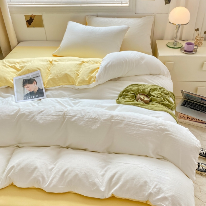 91家纺网 家纺一手货源 找家纺 芷凡 2023新款A类超柔云朵棉四件套 奶普+柠檬黄