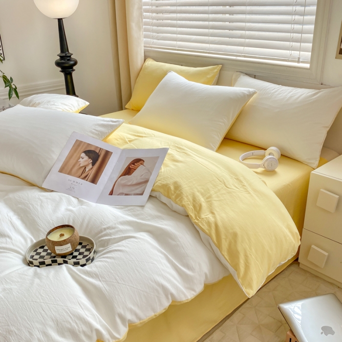 91家纺网 家纺一手货源 找家纺 芷凡 2023新款A类超柔云朵棉四件套 奶普+柠檬黄