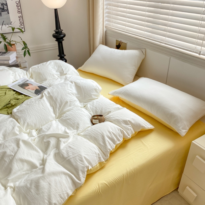 91家纺网 家纺一手货源 找家纺 芷凡 2023新款A类超柔云朵棉四件套 奶普+柠檬黄