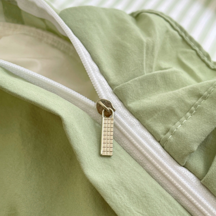 91家纺网 家纺一手货源 找家纺 ab家纺 2023新品竖条纹泡泡纱四件套 泡泡纱- 草绿