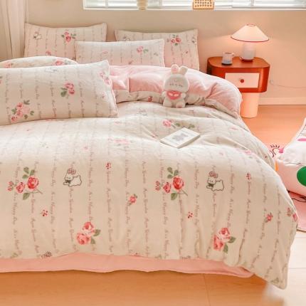 91家纺网 家纺一手货源 找家纺 卡巴伦 2023新款牛奶绒印花小清新四件套 粉色玫瑰