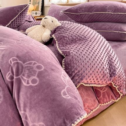 慕希2024新款贝壳边婴儿绒牛奶豆豆绒提花保暖绒四件套 胖胖熊-紫