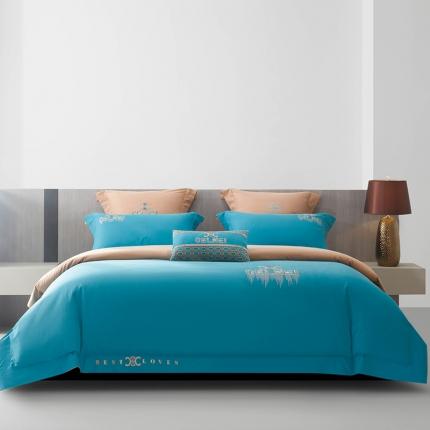 91家纺网 家纺一手货源 找家纺 高大尚 2023秋冬新品长绒棉磨毛高端绣花四件套-柯拉系列 皇家蓝