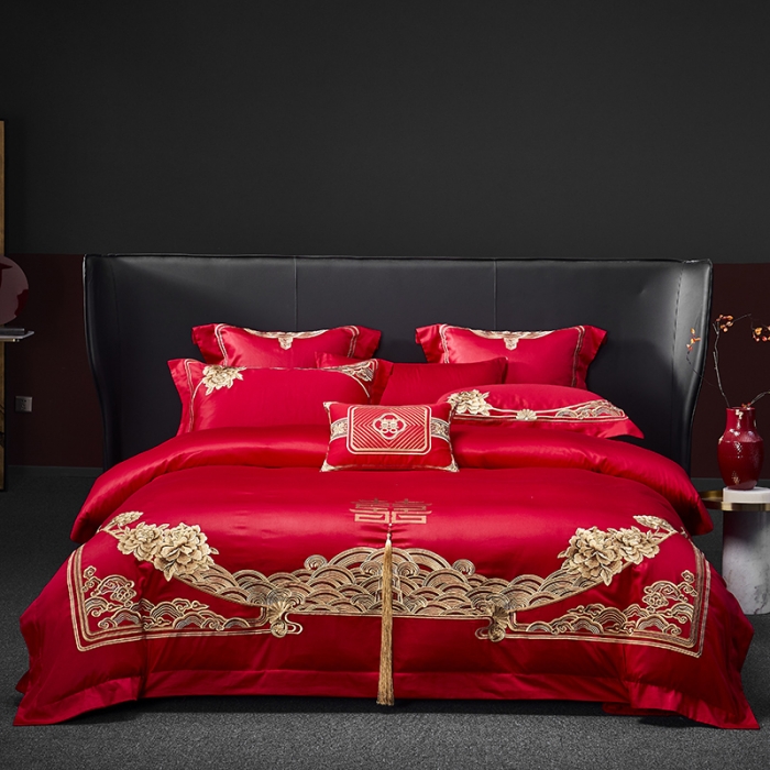 91家纺网 家纺一手货源 找家纺 高大尚 2023新款40s全工艺喷气纯棉婚庆多件套 吉祥富贵-金