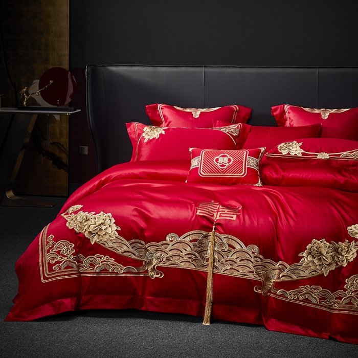 91家纺网 家纺一手货源 找家纺 高大尚 2023新款40s全工艺喷气纯棉婚庆多件套 吉祥富贵-金