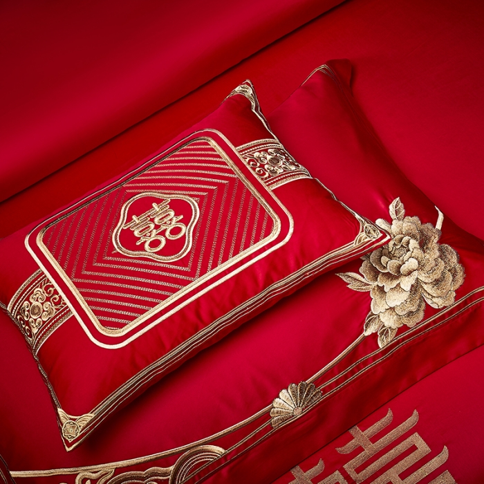 91家纺网 家纺一手货源 找家纺 高大尚 2023新款40s全工艺喷气纯棉婚庆多件套 吉祥富贵-金