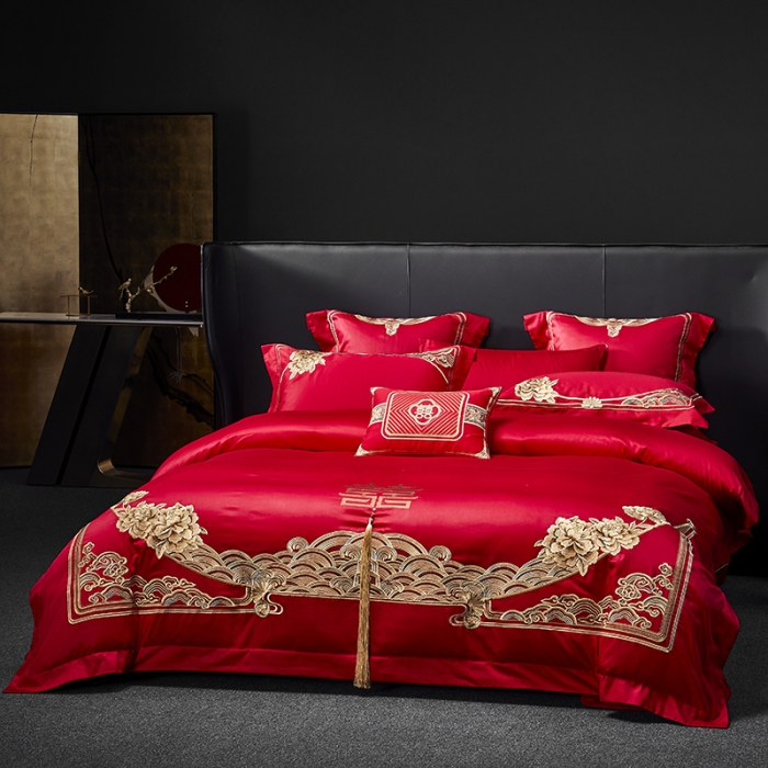 91家纺网 家纺一手货源 找家纺 高大尚 2023新款40s全工艺喷气纯棉婚庆多件套 吉祥富贵-金