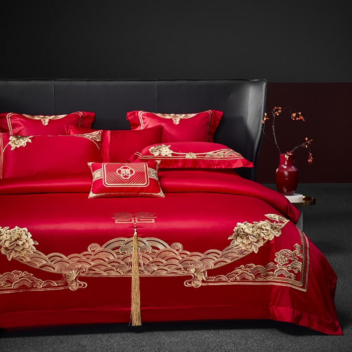 91家纺网 家纺一手货源 找家纺 高大尚 2023新款40s全工艺喷气纯棉婚庆多件套 吉祥富贵-金