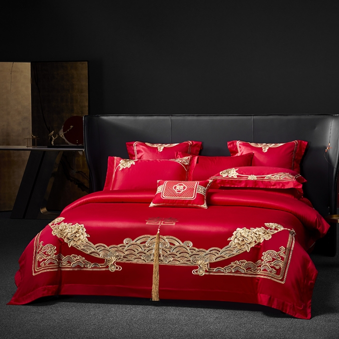 91家纺网 家纺一手货源 找家纺 高大尚 2023新款40s全工艺喷气纯棉婚庆多件套 吉祥富贵-金