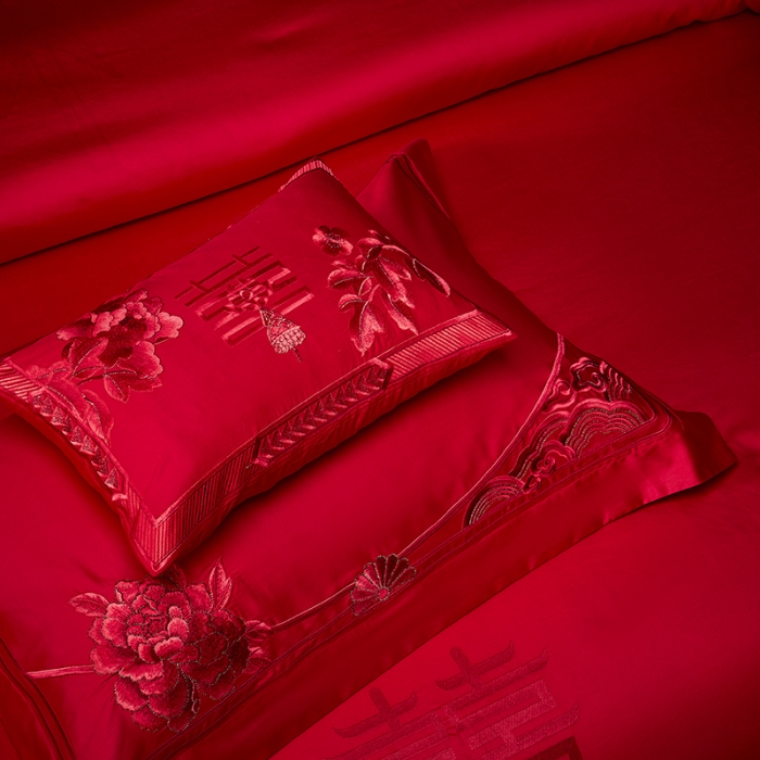 91家纺网 家纺一手货源 找家纺 高大尚 2023新款40s全工艺喷气纯棉婚庆多件套 吉祥富贵-红