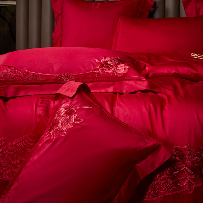 91家纺网 家纺一手货源 找家纺 高大尚 2023新款40s全工艺喷气纯棉婚庆多件套 吉祥富贵-红