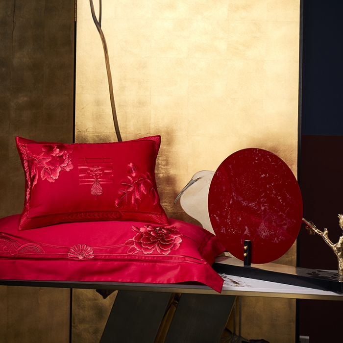 91家纺网 家纺一手货源 找家纺 高大尚 2023新款40s全工艺喷气纯棉婚庆多件套 吉祥富贵-红