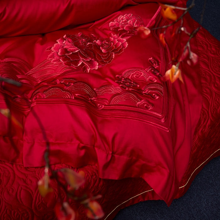91家纺网 家纺一手货源 找家纺 高大尚 2023新款40s全工艺喷气纯棉婚庆多件套 吉祥富贵-红