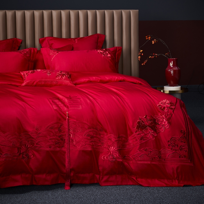 91家纺网 家纺一手货源 找家纺 高大尚 2023新款40s全工艺喷气纯棉婚庆多件套 吉祥富贵-红