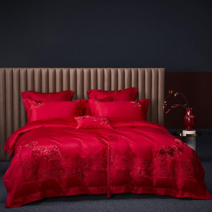 91家纺网 家纺一手货源 找家纺 高大尚 2023新款40s全工艺喷气纯棉婚庆多件套 吉祥富贵-红