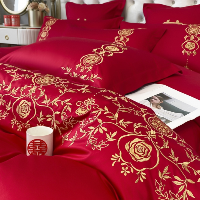 91家纺网 家纺一手货源 找家纺 欧乐蒂 2025新款全棉婚庆四件套 喜事连连